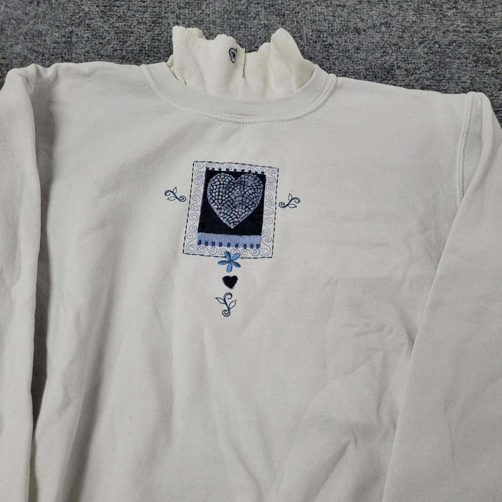 Unbranded Sweatshirt Womens Size M Cream Mock Neck Embroidered Heart Stains